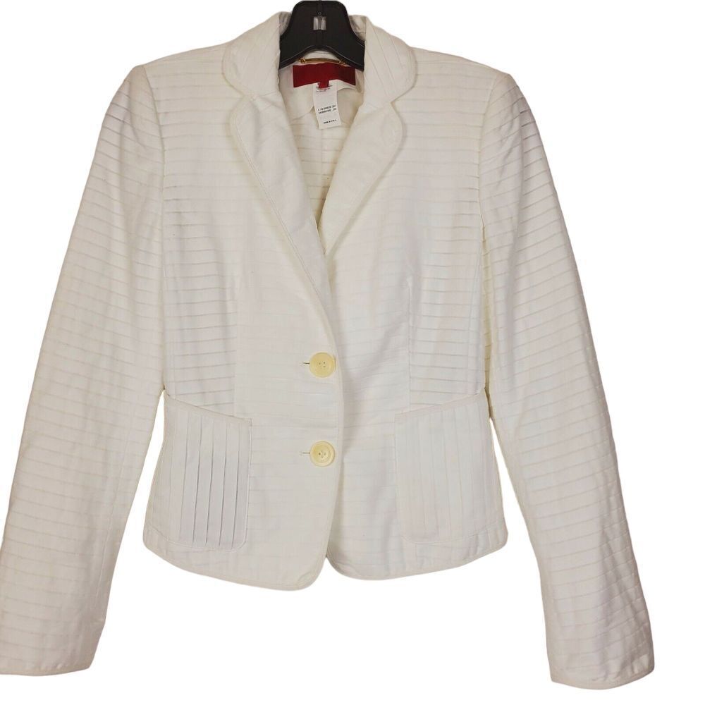 Les Copains White Striped Cotton Blazer Size 38/0 2 Button Shoulder Pad